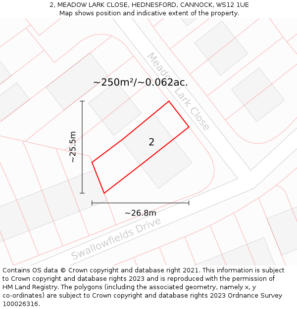 2, MEADOW LARK CLOSE, HEDNESFORD, CANNOCK, WS12 1UE: Plot and title map
