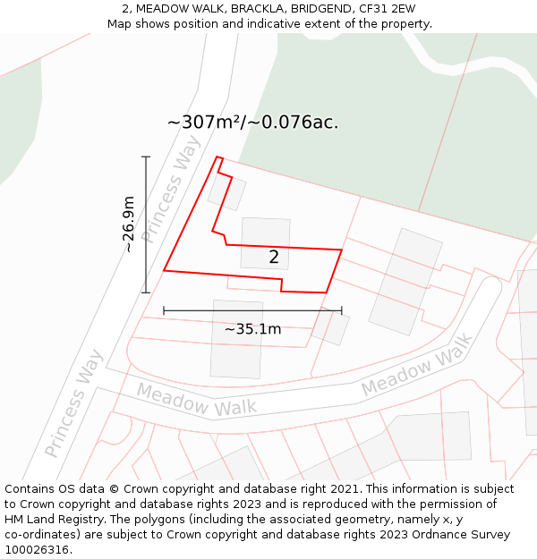 2, MEADOW WALK, BRACKLA, BRIDGEND, CF31 2EW: Plot and title map