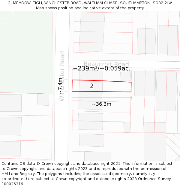 2, MEADOWLEIGH, WINCHESTER ROAD, WALTHAM CHASE, SOUTHAMPTON, SO32 2LW: Plot and title map