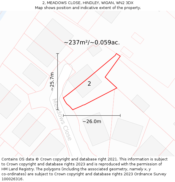 2, MEADOWS CLOSE, HINDLEY, WIGAN, WN2 3DX: Plot and title map