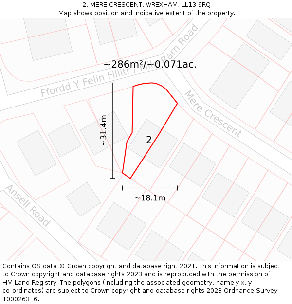 2, MERE CRESCENT, WREXHAM, LL13 9RQ: Plot and title map
