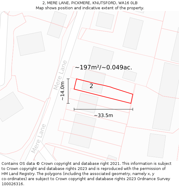 2, MERE LANE, PICKMERE, KNUTSFORD, WA16 0LB: Plot and title map