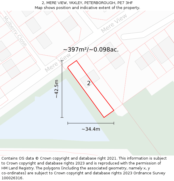 2, MERE VIEW, YAXLEY, PETERBOROUGH, PE7 3HF: Plot and title map