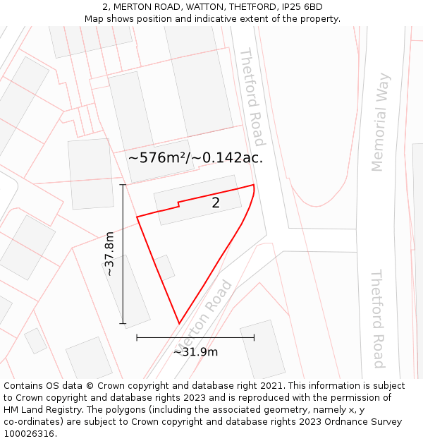 2, MERTON ROAD, WATTON, THETFORD, IP25 6BD: Plot and title map