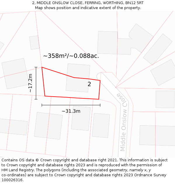 2, MIDDLE ONSLOW CLOSE, FERRING, WORTHING, BN12 5RT: Plot and title map