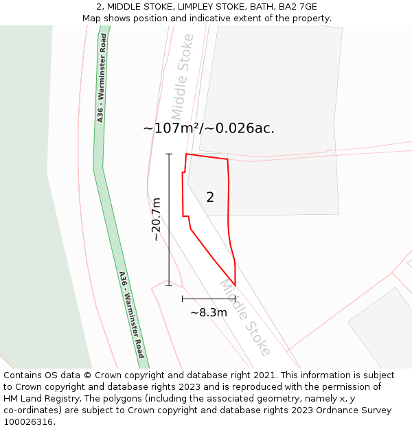 2, MIDDLE STOKE, LIMPLEY STOKE, BATH, BA2 7GE: Plot and title map