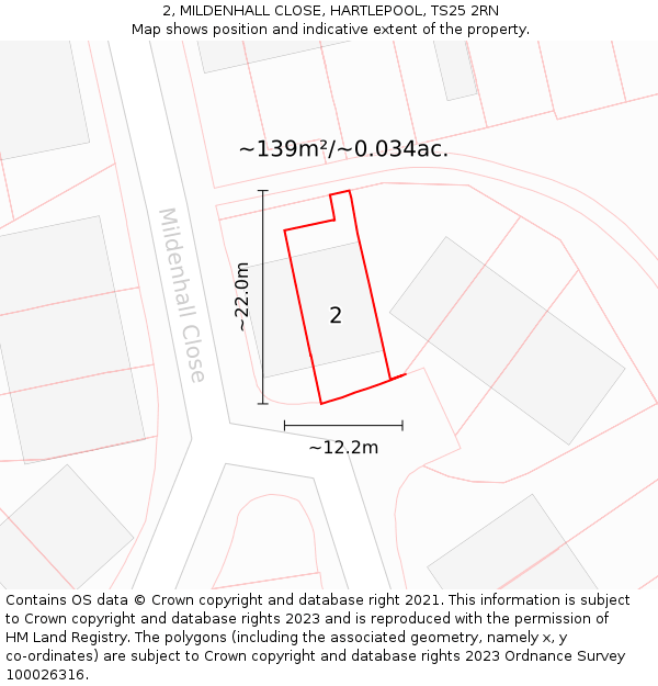 2, MILDENHALL CLOSE, HARTLEPOOL, TS25 2RN: Plot and title map
