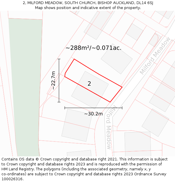 2, MILFORD MEADOW, SOUTH CHURCH, BISHOP AUCKLAND, DL14 6SJ: Plot and title map