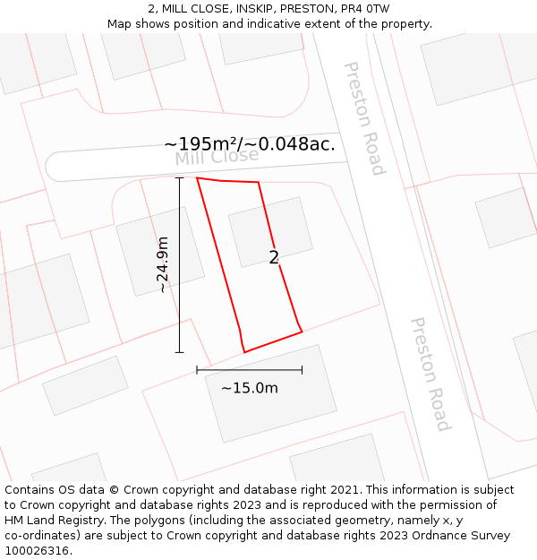 2, MILL CLOSE, INSKIP, PRESTON, PR4 0TW: Plot and title map
