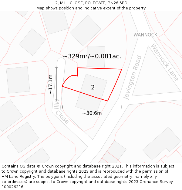 2, MILL CLOSE, POLEGATE, BN26 5PD: Plot and title map