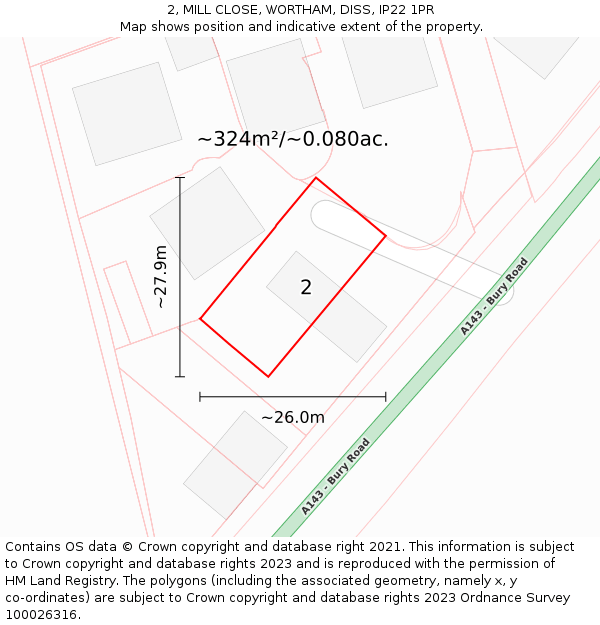 2, MILL CLOSE, WORTHAM, DISS, IP22 1PR: Plot and title map