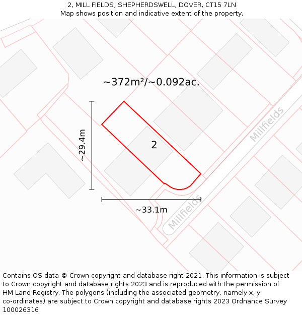 2, MILL FIELDS, SHEPHERDSWELL, DOVER, CT15 7LN: Plot and title map