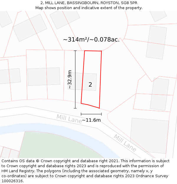 2, MILL LANE, BASSINGBOURN, ROYSTON, SG8 5PR: Plot and title map