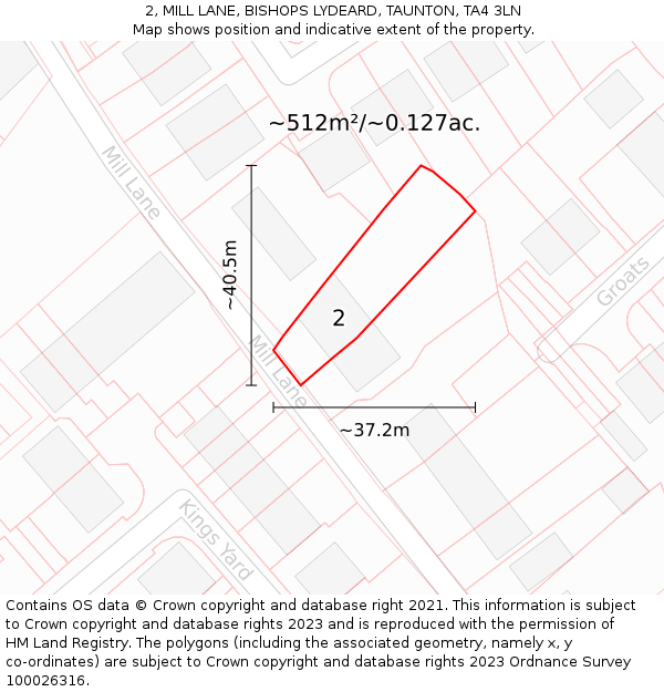 2, MILL LANE, BISHOPS LYDEARD, TAUNTON, TA4 3LN: Plot and title map