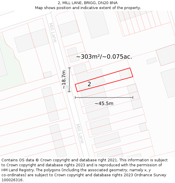 2, MILL LANE, BRIGG, DN20 8NA: Plot and title map
