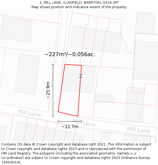 2, MILL LANE, CLANFIELD, BAMPTON, OX18 2RT: Plot and title map