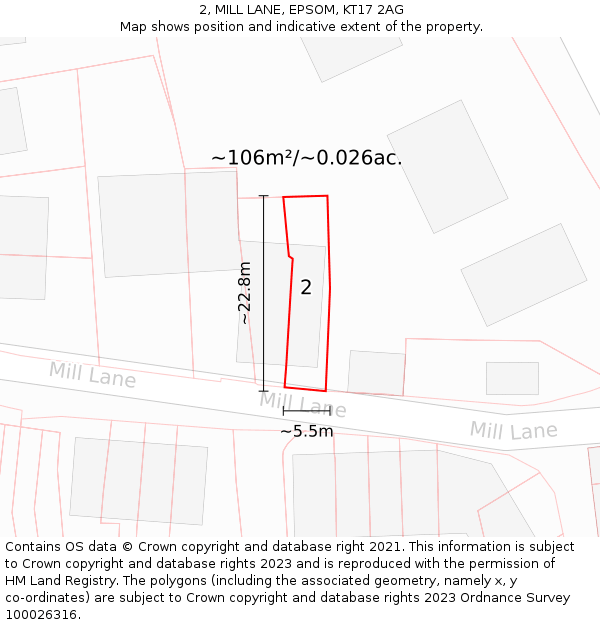 2, MILL LANE, EPSOM, KT17 2AG: Plot and title map