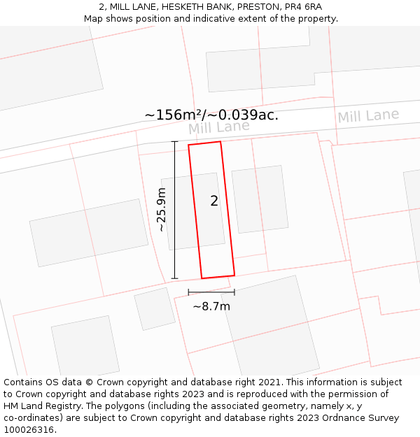 2, MILL LANE, HESKETH BANK, PRESTON, PR4 6RA: Plot and title map
