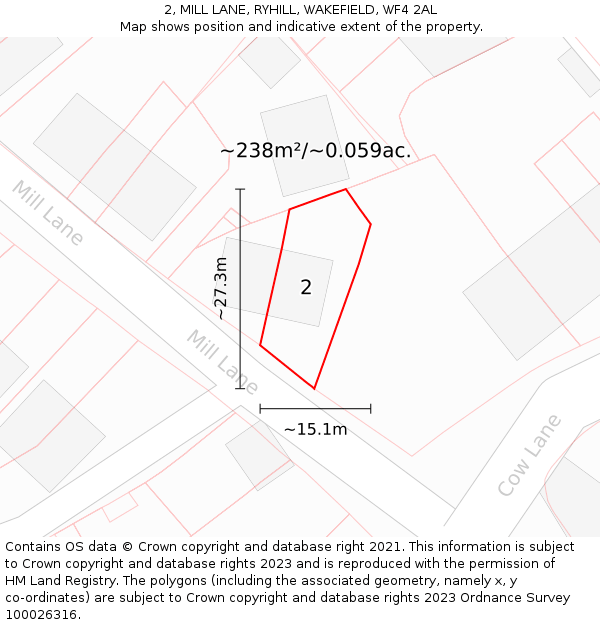 2, MILL LANE, RYHILL, WAKEFIELD, WF4 2AL: Plot and title map