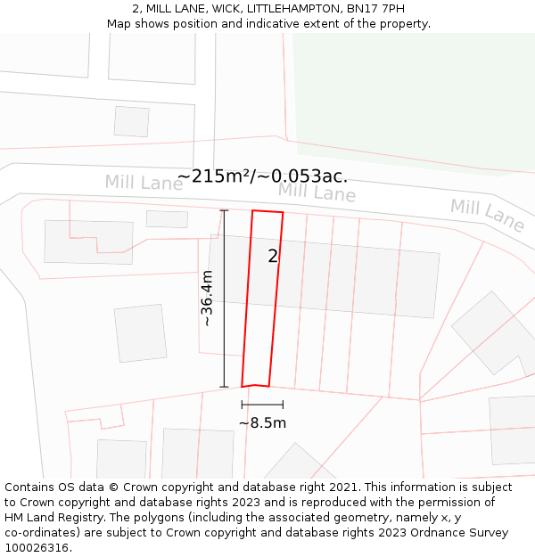 2, MILL LANE, WICK, LITTLEHAMPTON, BN17 7PH: Plot and title map