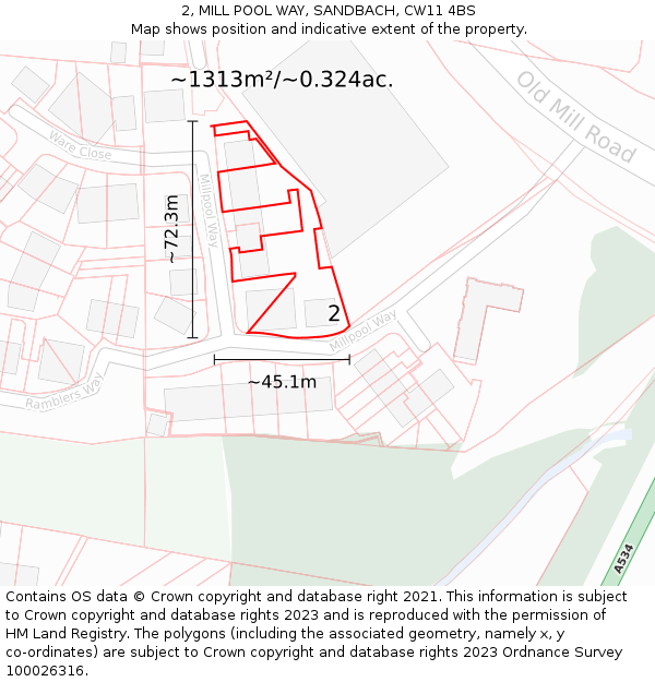 2, MILL POOL WAY, SANDBACH, CW11 4BS: Plot and title map
