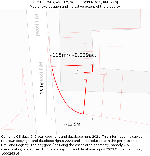 2, MILL ROAD, AVELEY, SOUTH OCKENDON, RM15 4SJ: Plot and title map