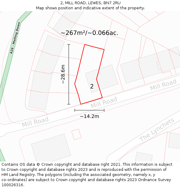 2, MILL ROAD, LEWES, BN7 2RU: Plot and title map