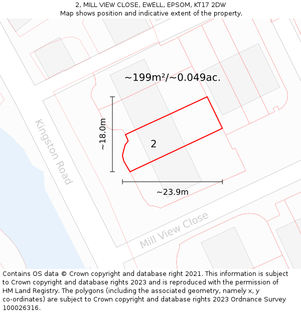 2, MILL VIEW CLOSE, EWELL, EPSOM, KT17 2DW: Plot and title map