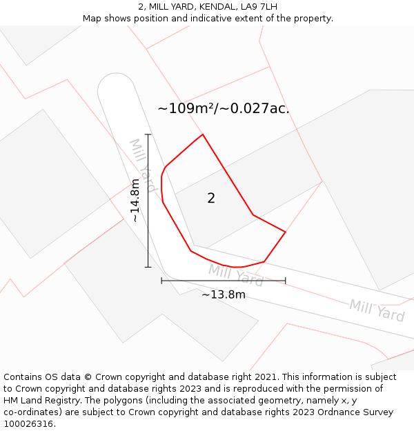 2, MILL YARD, KENDAL, LA9 7LH: Plot and title map