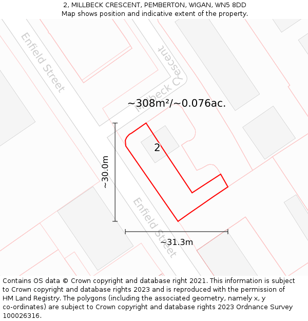 2, MILLBECK CRESCENT, PEMBERTON, WIGAN, WN5 8DD: Plot and title map