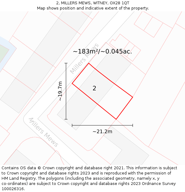 2, MILLERS MEWS, WITNEY, OX28 1QT: Plot and title map