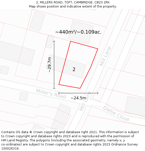 2, MILLERS ROAD, TOFT, CAMBRIDGE, CB23 2RX: Plot and title map