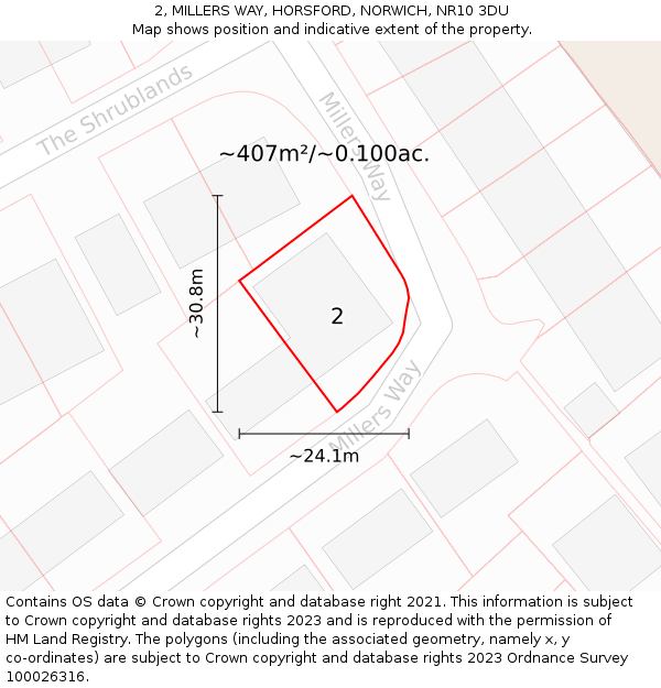 2, MILLERS WAY, HORSFORD, NORWICH, NR10 3DU: Plot and title map