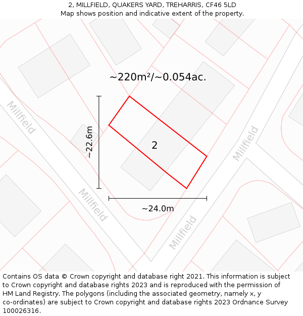 2, MILLFIELD, QUAKERS YARD, TREHARRIS, CF46 5LD: Plot and title map