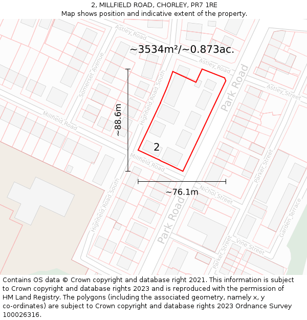 2, MILLFIELD ROAD, CHORLEY, PR7 1RE: Plot and title map