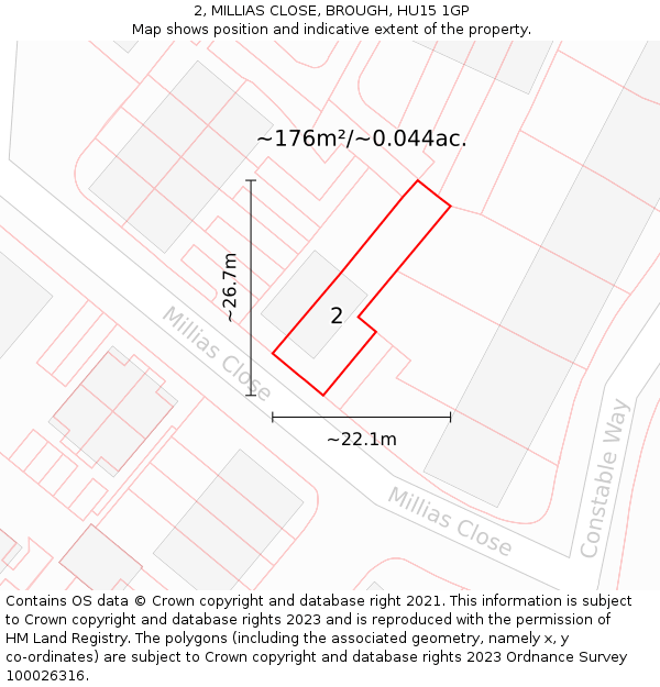 2, MILLIAS CLOSE, BROUGH, HU15 1GP: Plot and title map
