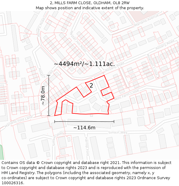 2, MILLS FARM CLOSE, OLDHAM, OL8 2RW: Plot and title map
