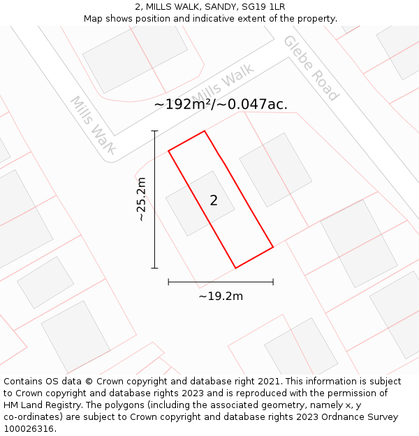 2, MILLS WALK, SANDY, SG19 1LR: Plot and title map
