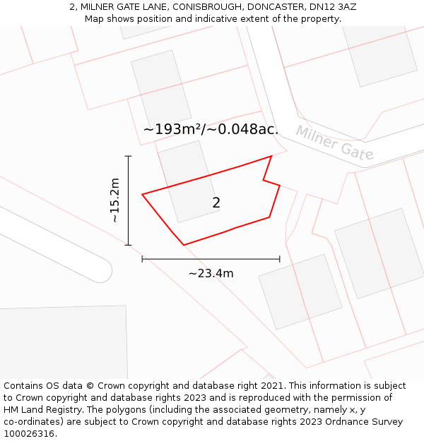2, MILNER GATE LANE, CONISBROUGH, DONCASTER, DN12 3AZ: Plot and title map