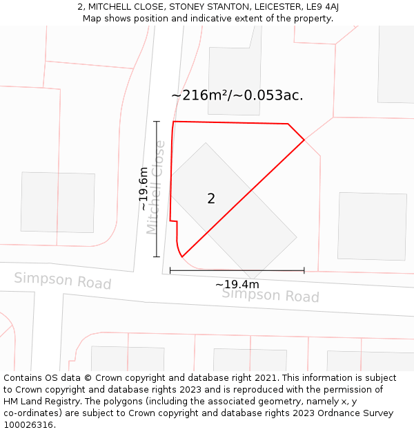 2, MITCHELL CLOSE, STONEY STANTON, LEICESTER, LE9 4AJ: Plot and title map
