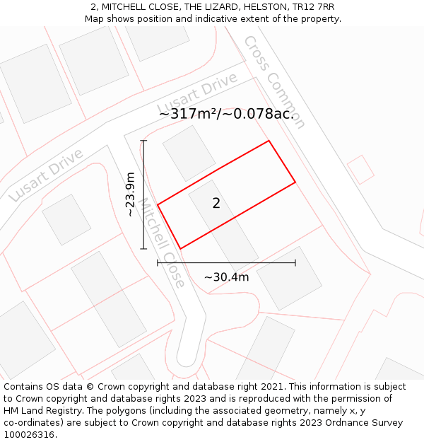 2, MITCHELL CLOSE, THE LIZARD, HELSTON, TR12 7RR: Plot and title map