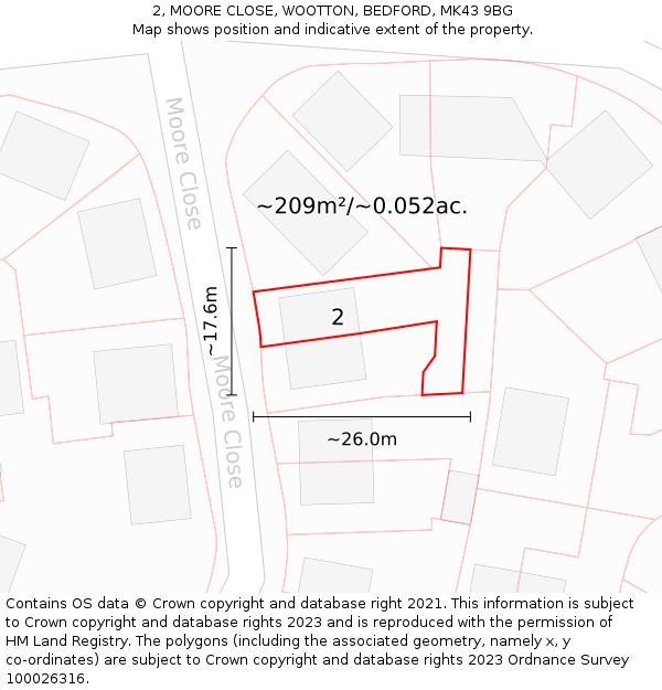 2, MOORE CLOSE, WOOTTON, BEDFORD, MK43 9BG: Plot and title map