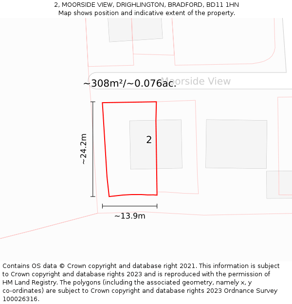 2, MOORSIDE VIEW, DRIGHLINGTON, BRADFORD, BD11 1HN: Plot and title map