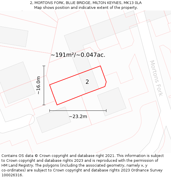 2, MORTONS FORK, BLUE BRIDGE, MILTON KEYNES, MK13 0LA: Plot and title map