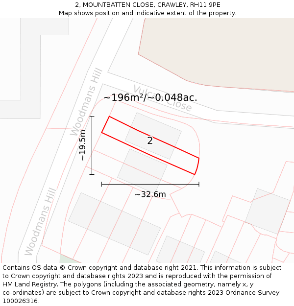 2, MOUNTBATTEN CLOSE, CRAWLEY, RH11 9PE: Plot and title map
