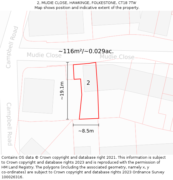 2, MUDIE CLOSE, HAWKINGE, FOLKESTONE, CT18 7TW: Plot and title map