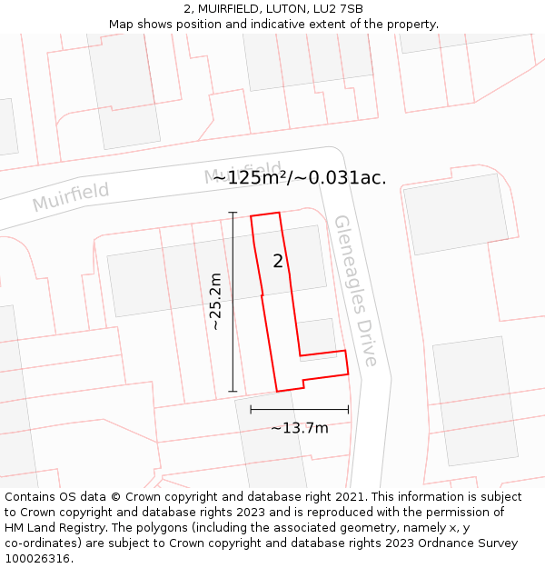 2, MUIRFIELD, LUTON, LU2 7SB: Plot and title map