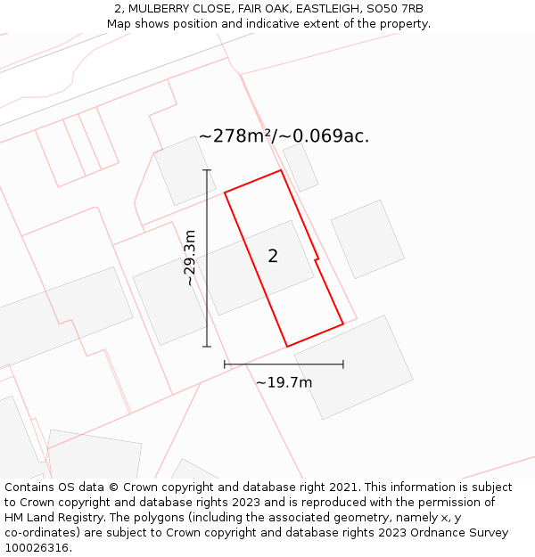 2, MULBERRY CLOSE, FAIR OAK, EASTLEIGH, SO50 7RB: Plot and title map