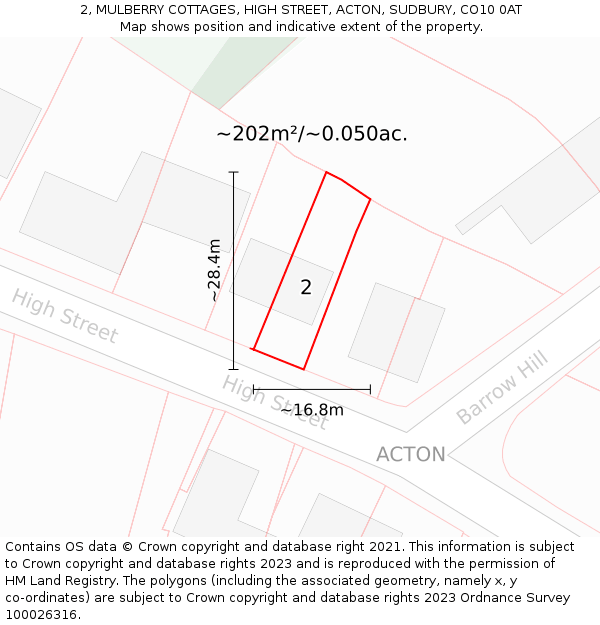 2, MULBERRY COTTAGES, HIGH STREET, ACTON, SUDBURY, CO10 0AT: Plot and title map