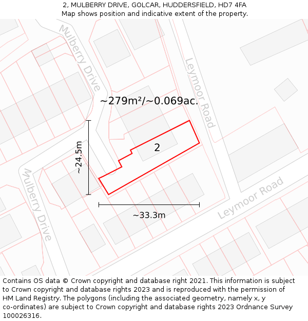 2, MULBERRY DRIVE, GOLCAR, HUDDERSFIELD, HD7 4FA: Plot and title map